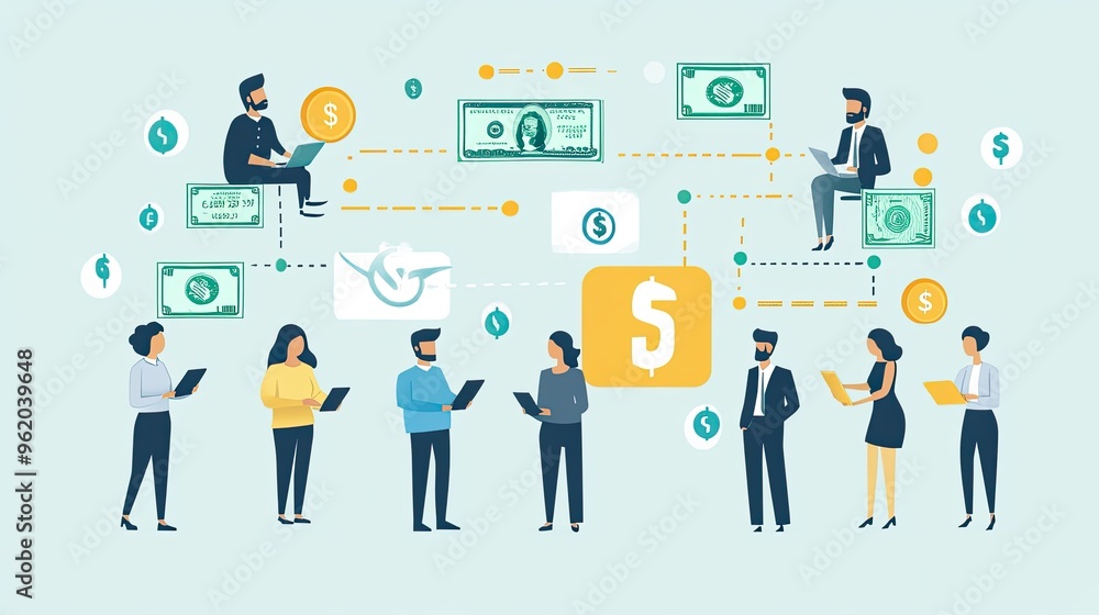 A group of people are standing around a table with a large amount of money on it A group of people are standing around a table with a large amount of money on it