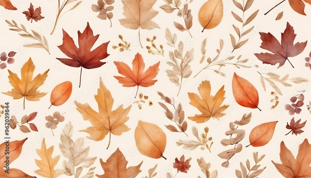 Watercolor seamless pattern with fall flowers and leaves pressed flower autumn watercolor illustration with a light beige background, Hand-painted watercolor