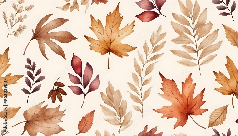 Watercolor seamless pattern with fall flowers and leaves pressed flower autumn watercolor illustration with a light beige background, Hand-painted watercolor