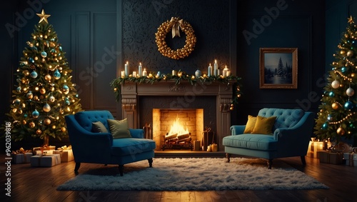 Christmas and New Year decorated dark interior room. Holiday decorated room with fireplace,light blue sofa, and golden pillows. Festive Xmas night with lights on tree with presents
