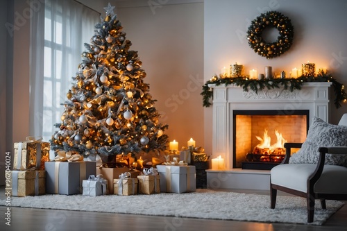 Christmas and New Year decorated white interior room with presents and New year tree and fireplace