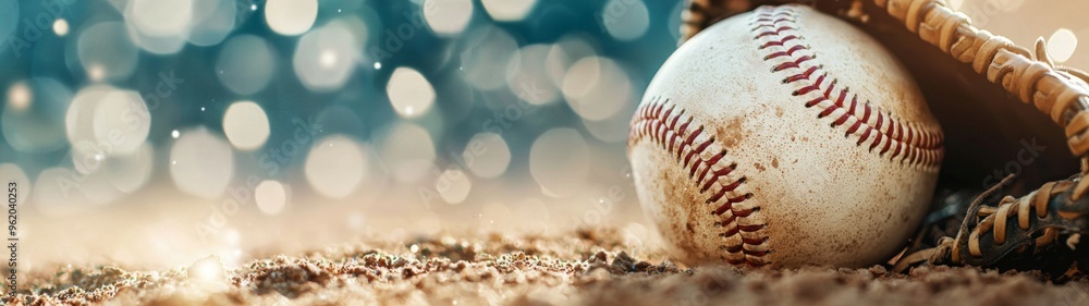 custom made wallpaper toronto digitalBaseball and Glove on Pitcher's Mound, a close-up view of a baseball and glove resting on a pitcher’s mound, stark field backdrop emphasizing the sport's essentials.