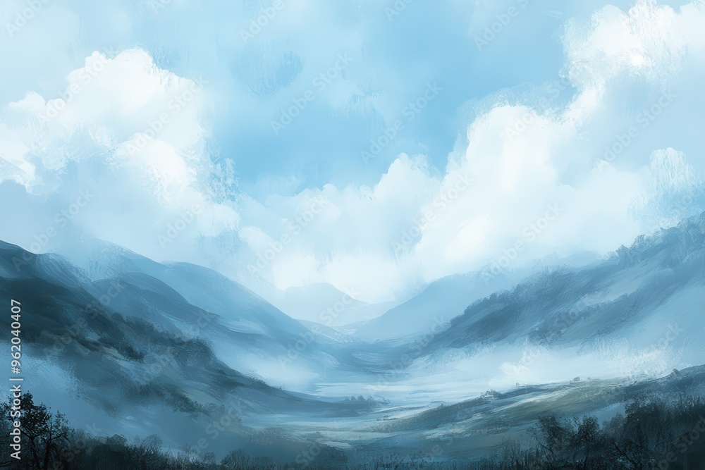 A Misty Mountain Valley Under a Cloudy Sky A Misty Mountain Valley Under a Cloudy Sky