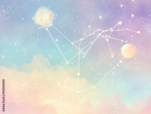 Zodiac Illustration in Constellation Style on Light Pastel Tarot Background
