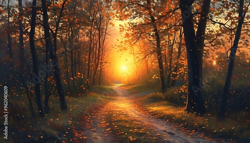 In autumn dusk, warm sunshine shines through the trees and shines on the path, creating a tranquil and beautiful atmosphere.