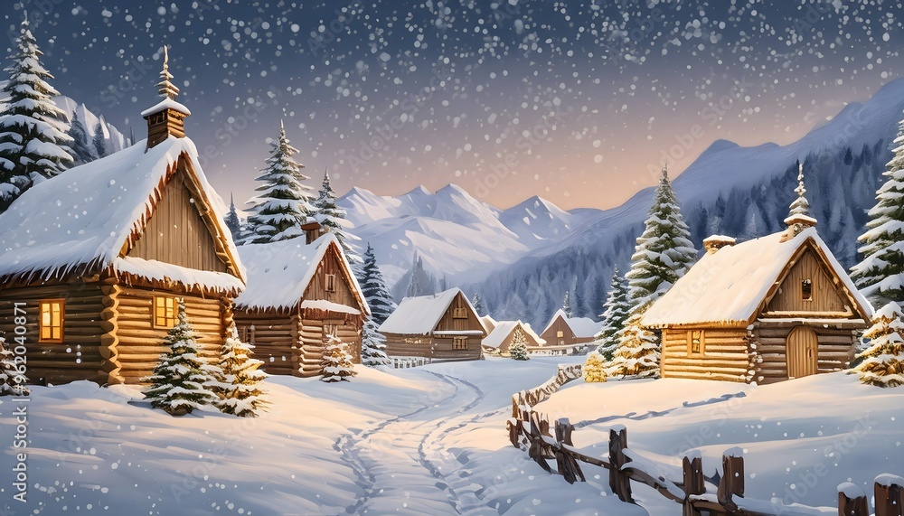 Christmas and New Year background. Winter landscape with wooden houses in the village, snowy day