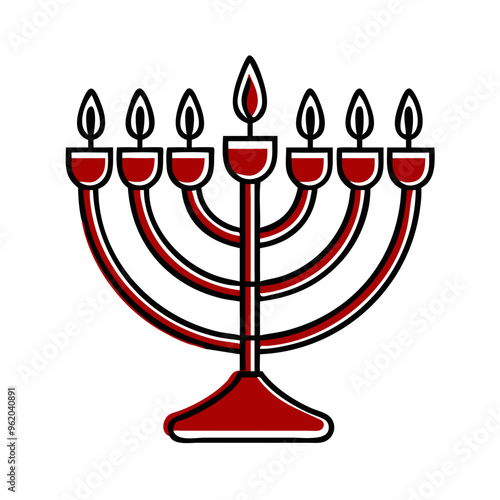 Stylized red menorah with nine lit candles for Hanukkah celebrations and cultural traditions