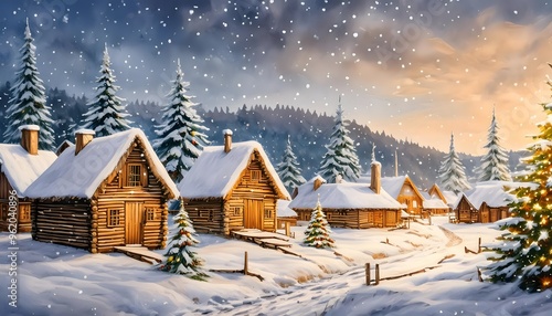 Christmas and New Year background. Winter landscape with wooden houses in the village, snowy day