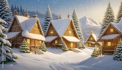 Christmas and New Year background. Winter landscape with wooden houses in the village, snowy day