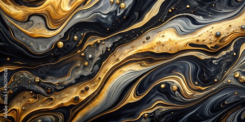 Abstract Swirls of Gold and Black, Acrylic Pour, Fluid Art, Black, Gold, Swirls