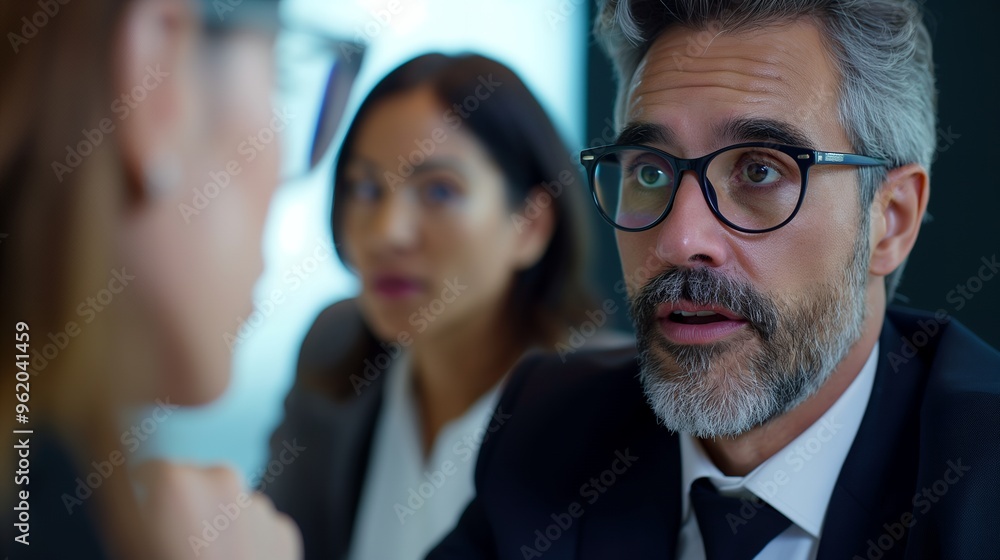 A businessman with gray hair and a beard is looking directly at the viewer with a serious expression, while a woman in the background listens attentively. A businessman with gray hair and a beard is looking directly at the viewer with a serious expression, while a woman in the background listens attentively.