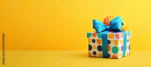 Colorful Gift Box with Balloon-themed Wrapping and Blue Bow on Bright Yellow Background - Ideal for Celebration Posters