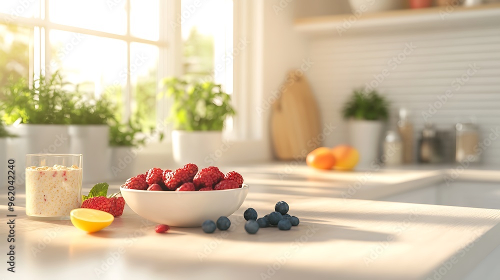 Realistic healthy breakfast spread with fresh berries, a bowl of oatmeal, and a smoothie placed on a bright kitchen counter Realistic healthy breakfast spread with fresh berries, a bowl of oatmeal, and a smoothie placed on a bright kitchen counter