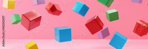 Colorful plastic toy blocks floating against a pastel pink background, adding a playful imaginative