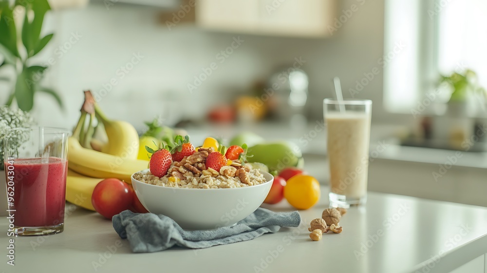 Realistic well-balanced breakfast arrangement with a variety of fresh fruits, a bowl of oatmeal topped with nuts, and a smoothie in a modern kitchen Realistic well-balanced breakfast arrangement with a variety of fresh fruits, a bowl of oatmeal topped with nuts, and a smoothie in a modern kitchen