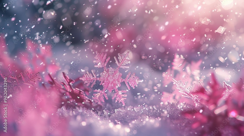 Sparkling Pink Snowflakes with Glittering Bokeh Background Sparkling Pink Snowflakes with Glittering Bokeh Background