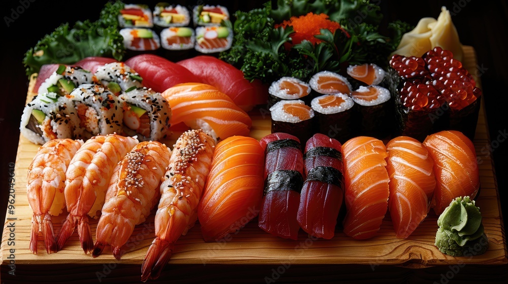 A wooden tray with a variety of sushi rolls and other Asian food A wooden tray with a variety of sushi rolls and other Asian food