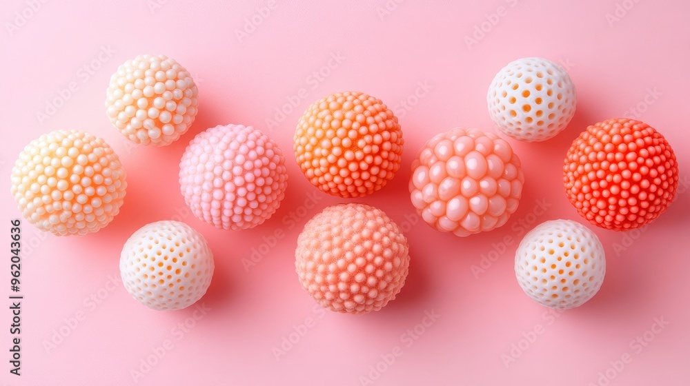 Pastel Pink and White Textured Balls on a Pink Background Pastel Pink and White Textured Balls on a Pink Background
