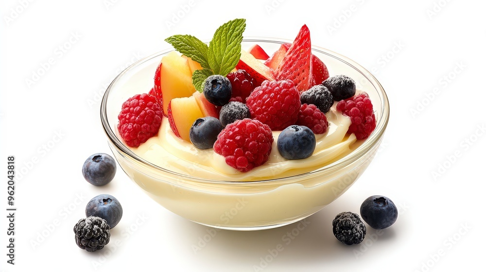 Delicious Vanilla Cream Pudding with Fresh Fruit in Glass Bowl on White Background - High Definition Photorealistic Product Shot Delicious Vanilla Cream Pudding with Fresh Fruit in Glass Bowl on White Background - High Definition Photorealistic Product Shot