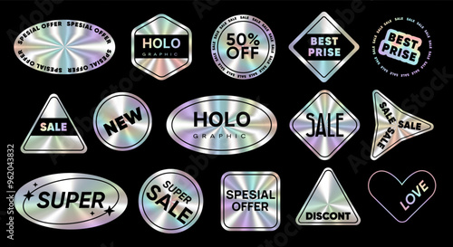 Hologram stickers and emblems icons with tags set. Holographic stamps with iridescent texture for sale,special offer, best price and other. Iridescent rainbow foil adhesive symbols and objects. Vector