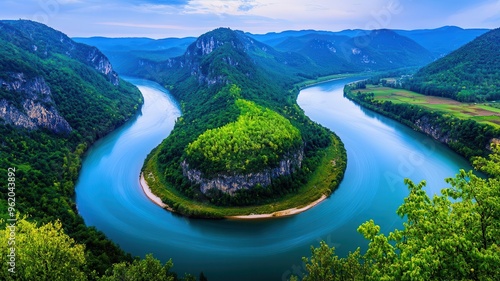 A smooth, flowing river carving through a mountain range, symbolizing the passage of time and renewal, Landscape, Cinematic lighting, Cool natural colors, Vitality of nature photo