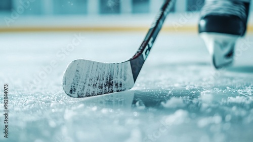 Dynamic ice hockey player gliding across the rink, stick in hand, puck poised for action, minimalist arena backdrop, emphasis on athleticism and skill. photo