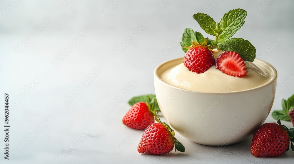 Delicate Vanilla-Infused Custard with Fresh Strawberries and Mint on White Background Delicate Vanilla-Infused Custard with Fresh Strawberries and Mint on White Background