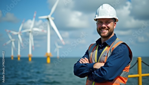 Smiling engineer in helmet and vest stands on offshore platform with wind turbines in the background, showcasing renewable energy.