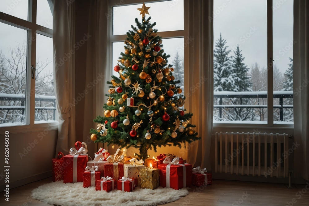 Christmas interior tree with gifts near window at home Christmas interior tree with gifts near window at home