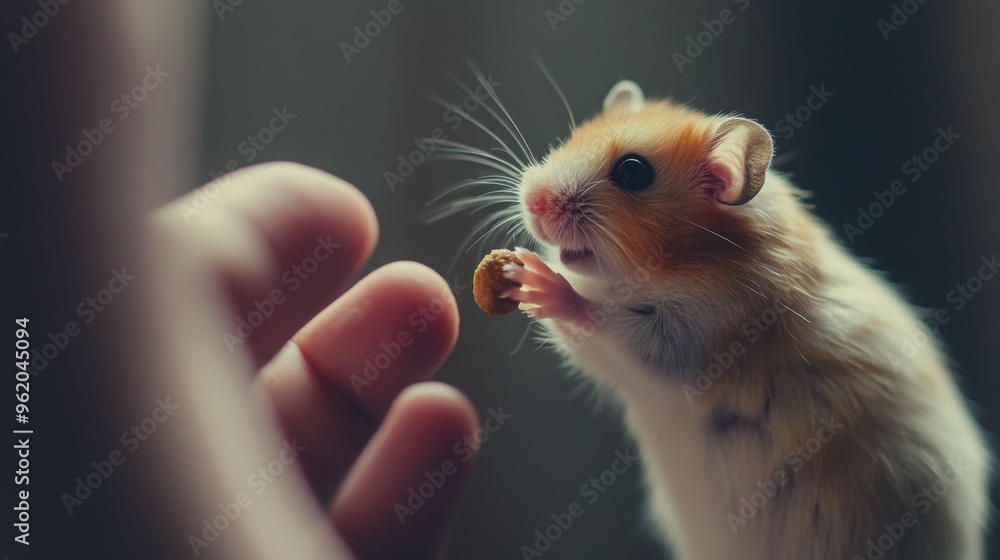A hamster interacting with a human hand, gently taking a treat from fingers A hamster interacting with a human hand, gently taking a treat from fingers