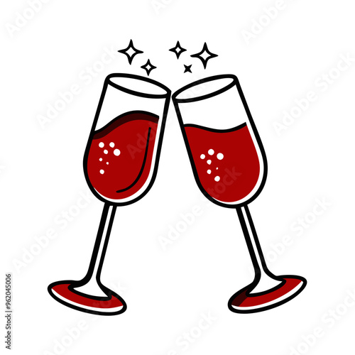 Stylized champagne glasses clinking with sparkling red drink for celebrations and events