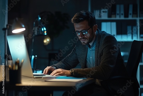 Focused man working late at office desk with laptop and lamp