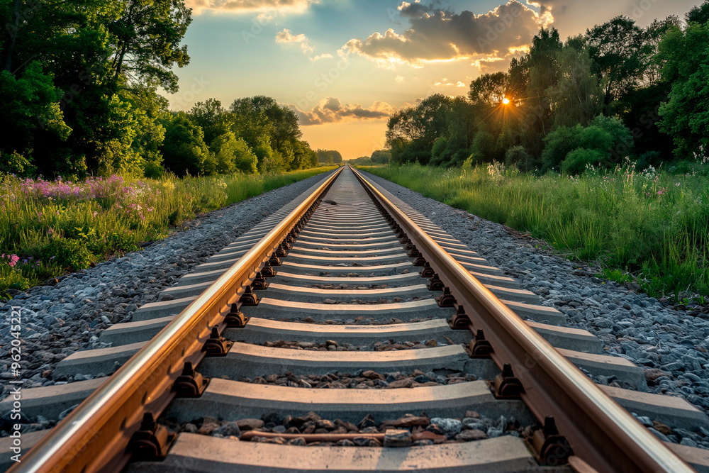 Fototapeta premium railroad track, rails outside and sky with clouds