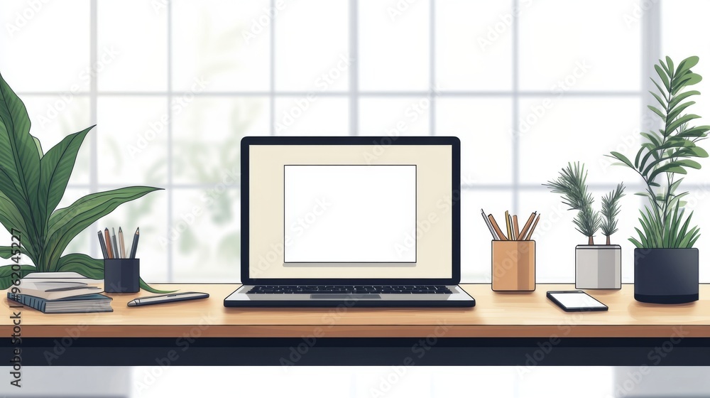 Fototapeta premium Cozy Green Office Concept Showcasing Minimalist Style: A work Desk with computer, Documents, green plants and Well-Lit Interior. graphic Resources, Illustration, 