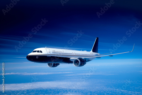 the plane flies in the blue sky with clouds