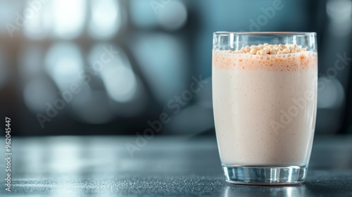 Protein cocktail in a glass, vibrant blend showcases sport nutrition, blurred gym backdrop enhances focus, minimalist design emphasizes simplicity and cleanliness. photo