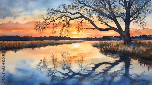 Tranquil Tree Reflection at Vibrant Sunset Lakeside