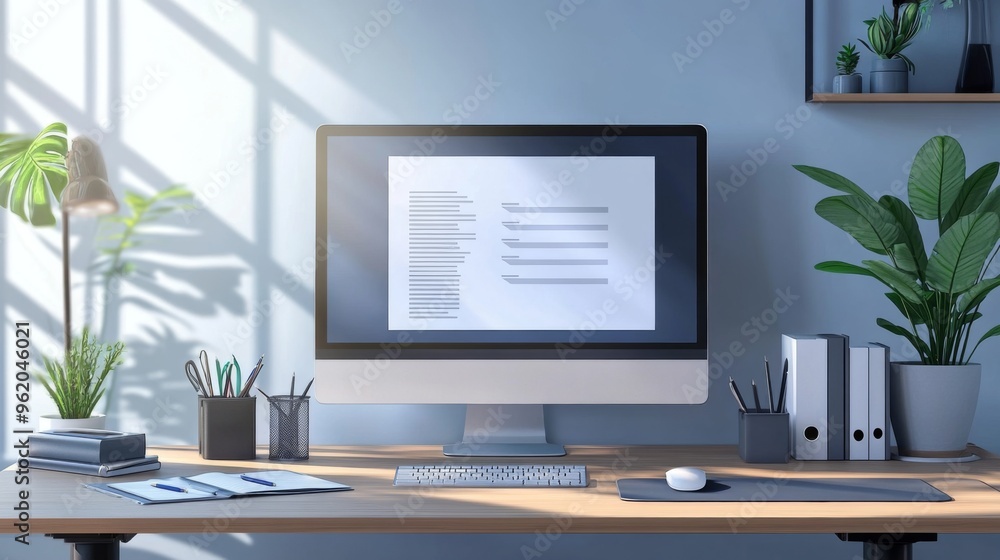Cozy Green Office Concept Showcasing Minimalist Style: A work Desk with computer, Documents, green plants and Well-Lit Interior. graphic Resources, Illustration, Cozy Green Office Concept Showcasing Minimalist Style: A work Desk with computer, Documents, green plants and Well-Lit Interior. graphic Resources, Illustration,
