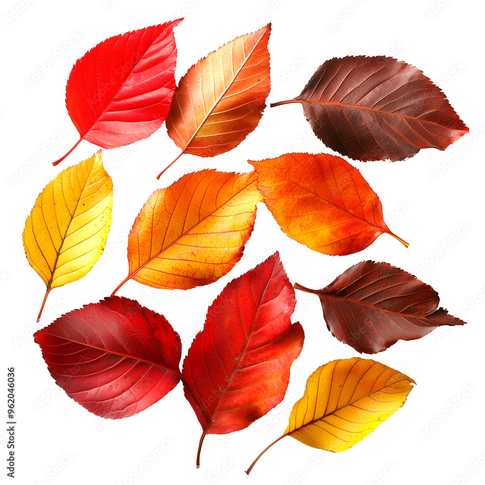 Obraz premium Assorted Autumn Leaves in Shades of Red, Yellow, and Brown Isolated on White Background for Seasonal Decoration, Cutout, Isolated on White Background