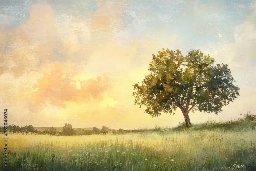 Fototapeta premium Solitary Tree in a Field at Sunset