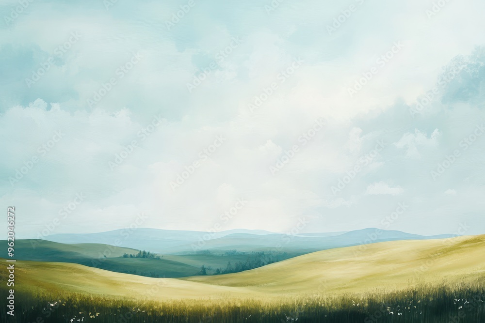 Obraz premium Rolling Hills and Distant Blue Mountains Under a Cloudy Sky