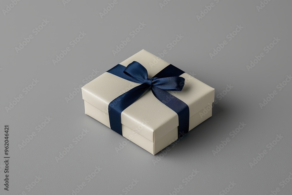 Minimalist White Gift Box with Navy Blue Ribbon on Grey Background - Elegant Present for Any Occasion Minimalist White Gift Box with Navy Blue Ribbon on Grey Background - Elegant Present for Any Occasion