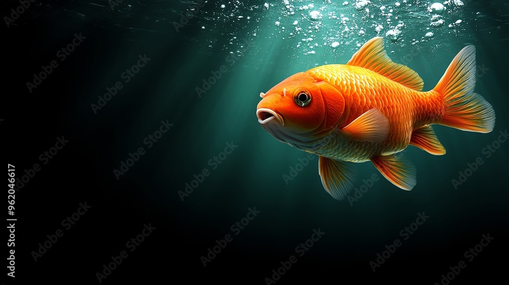 Close-up of a vibrant orange fish swimming gracefully in dark waters with light rays filtering through, creating a tranquil underwater scene. Close-up of a vibrant orange fish swimming gracefully in dark waters with light rays filtering through, creating a tranquil underwater scene.