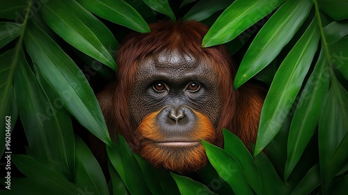 Close-up of an orangutan peering through dense green foliage, showcasing its expressive face amidst vibrant jungle greenery. photo