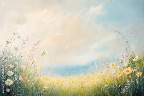 Oil Painting of a Field of Wildflowers Under a Cloudy Sky