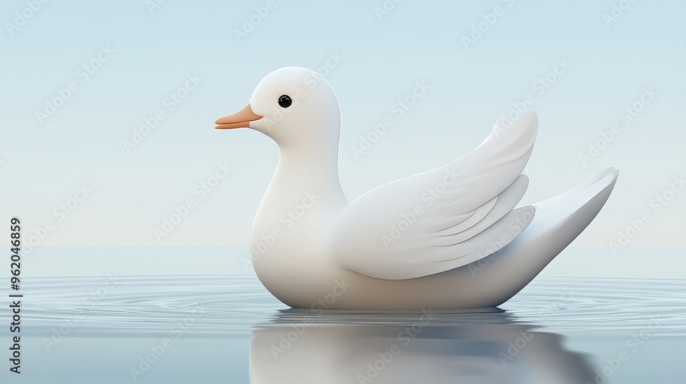 Fototapeta premium A serene white duck gracefully floating on calm water under a clear blue sky, symbolizing tranquility and nature's beauty.