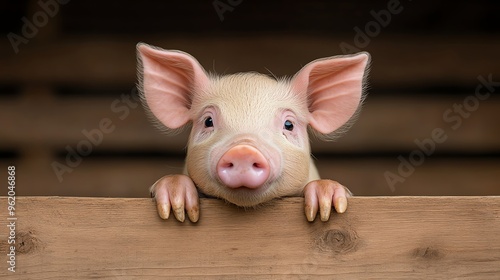 Cute piglet peeking over a wooden fence, showcasing its adorable face and ears. Perfect for agricultural, animal, and farm-related themes. photo