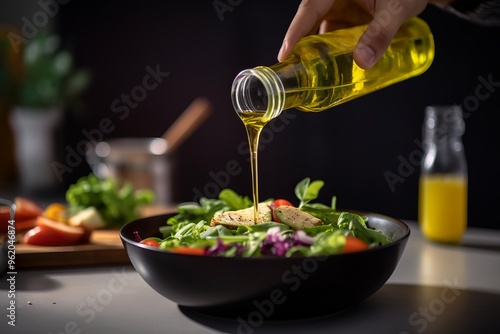 Pouring Olive Oil on Fresh Mixed Salad Close-up