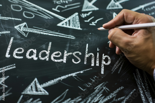 Leadership on chalkboard with arrow emphasizes direction, vision, and role of leadership in guiding others to growth and success. Highlights the importance of teaching and learning leadership skills.