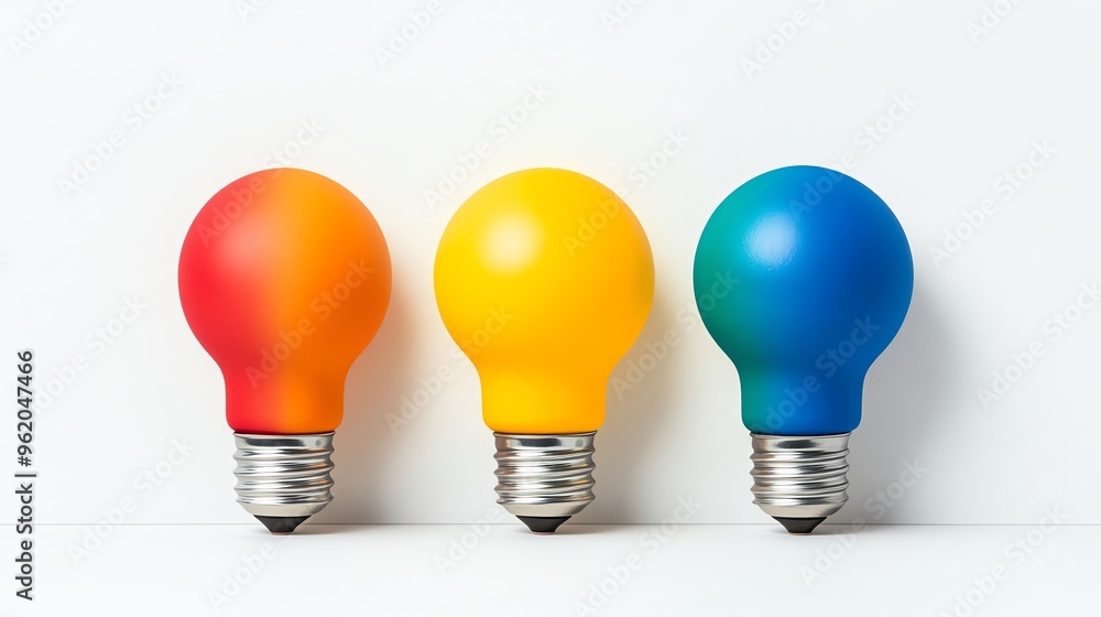 Three colorful light bulbs in a row against a white background. Red, yellow, and blue bulbs represent creativity, innovation, and ideas. Three colorful light bulbs in a row against a white background. Red, yellow, and blue bulbs represent creativity, innovation, and ideas.